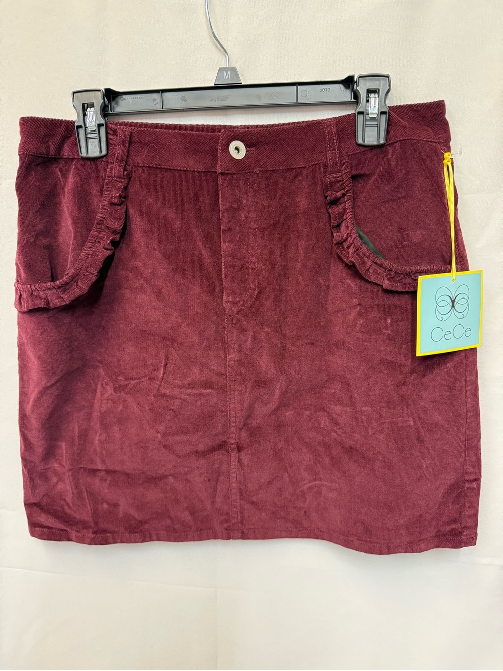 CeCe Wine Corduroy Ruffle-Pocket Mini Skirt